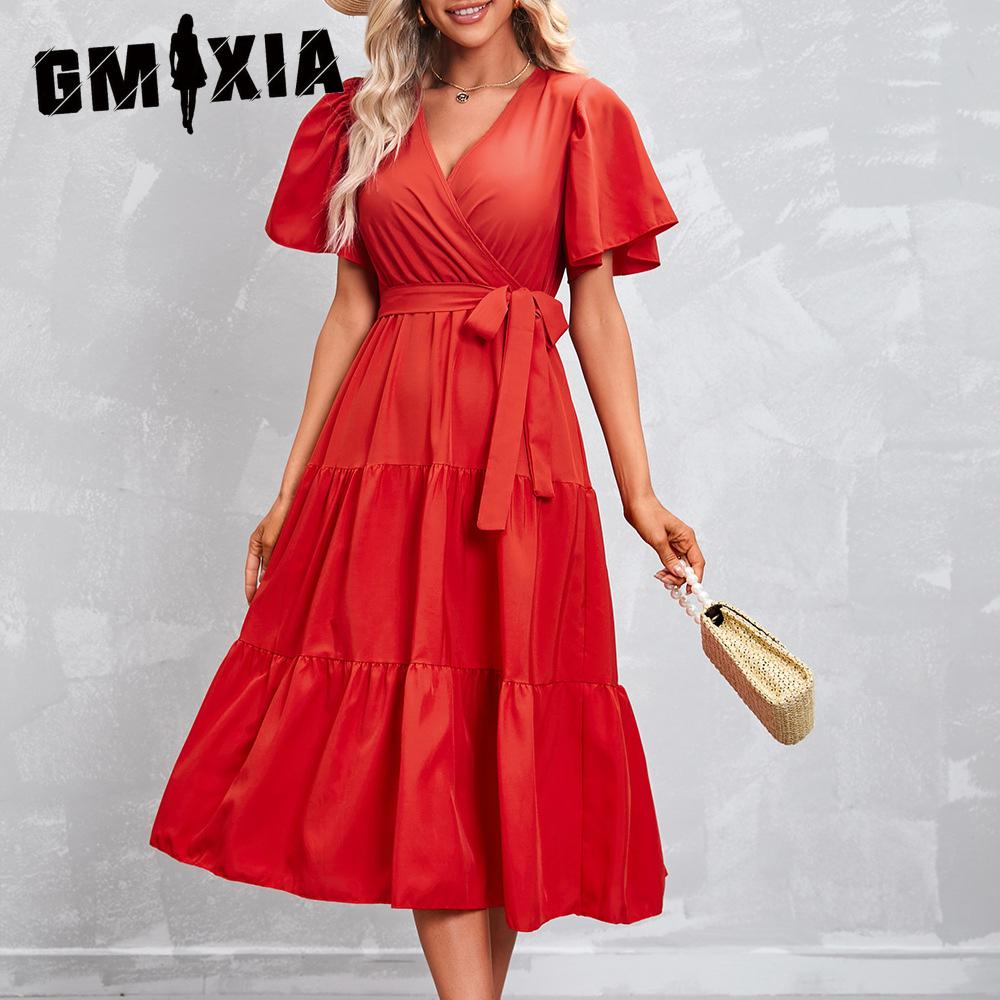 GMXIA Women's Fashion Summer Spring Solid Color Print Short Sleeve V-Neck High Waist Casual Dresses