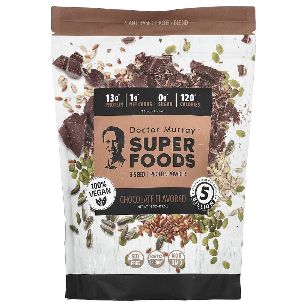 Dr. Murray's Superfoods, 3-Seed Protein Powder, Pumpkin + Flax + Sunflower, Chocolate Flavor, 16 Oz (453.5 G)