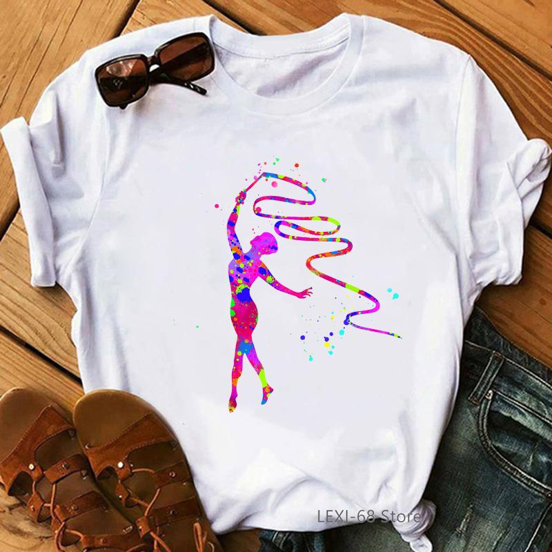 New Arrival 2025 Watercolor Gymnastics Splash Girl Print T-Shirt Women&Amp;#39;S Clothing Funny Tshirt Femme Harajuku Kawaii Clothes