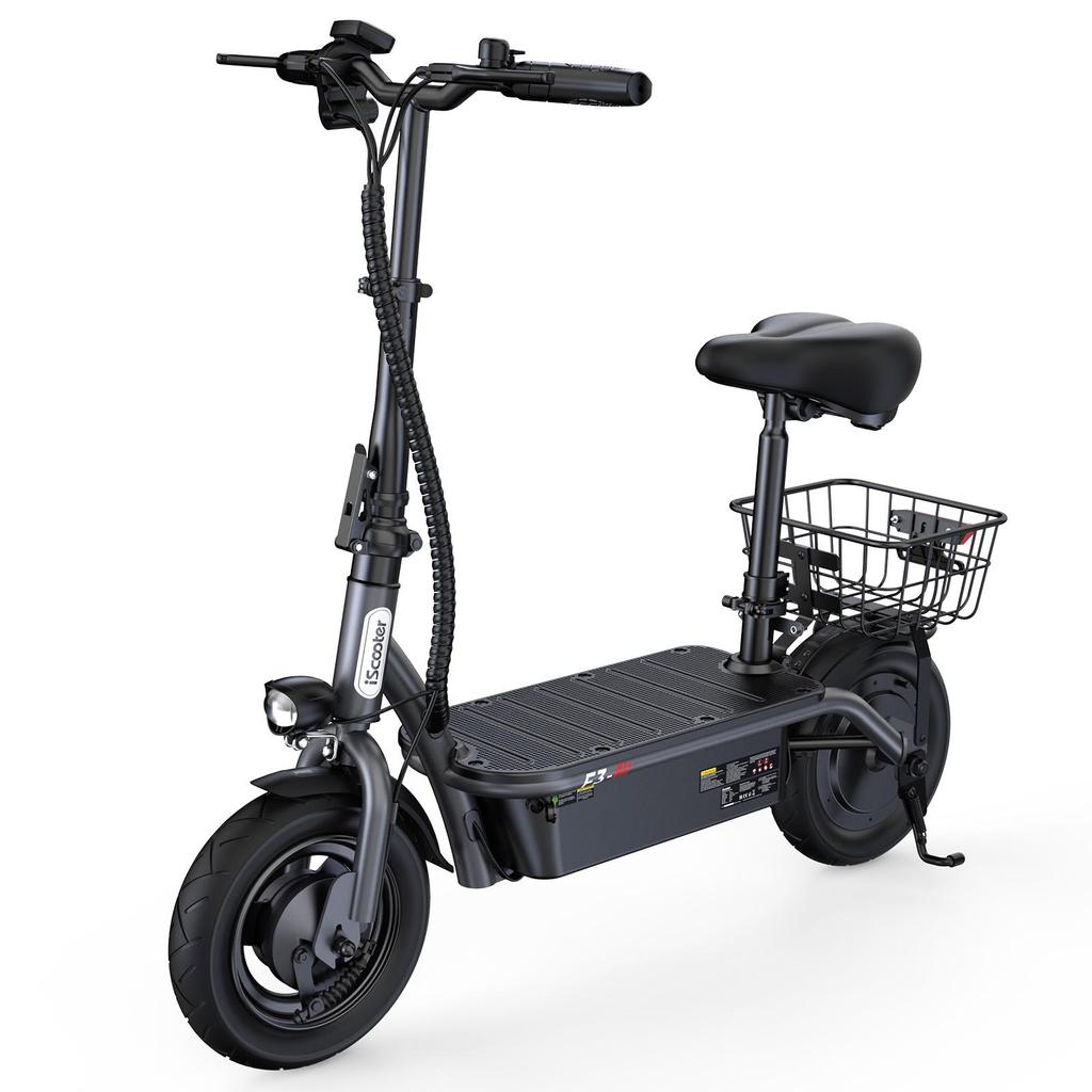 F3 1000W Adult Electric Scooter with Seat, Dual Disc Brakes, Removable Basket, Foldable, Maximum Range 55-60km, Wide Tires, City Commuting