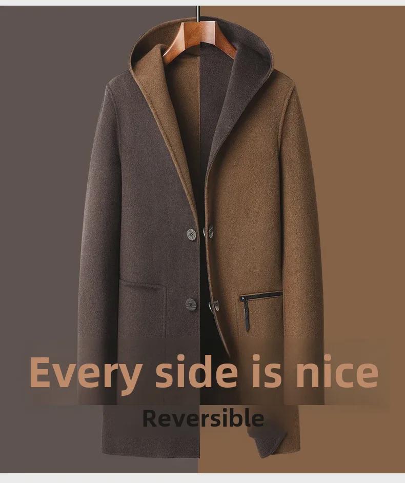 Мужское шерстяное пальто средней длины с капюшоном и большими карманами, осень/зима 2023 года, двухстороннее, ручной работы.