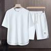 Mens Korean Fashion Waffle Two Piece Set Summer Short Sleeve T-Shirt and Shorts Loose Sets Mens Track Suits