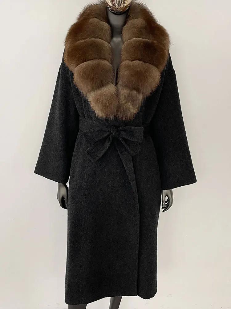 OFTBUY Натуральная шуба 2024 года, женская верхняя одежда больших размеров, зимняя женская куртка с воротником из натурального меха лисы и капюшоном, пальто из кашемировой шерсти
