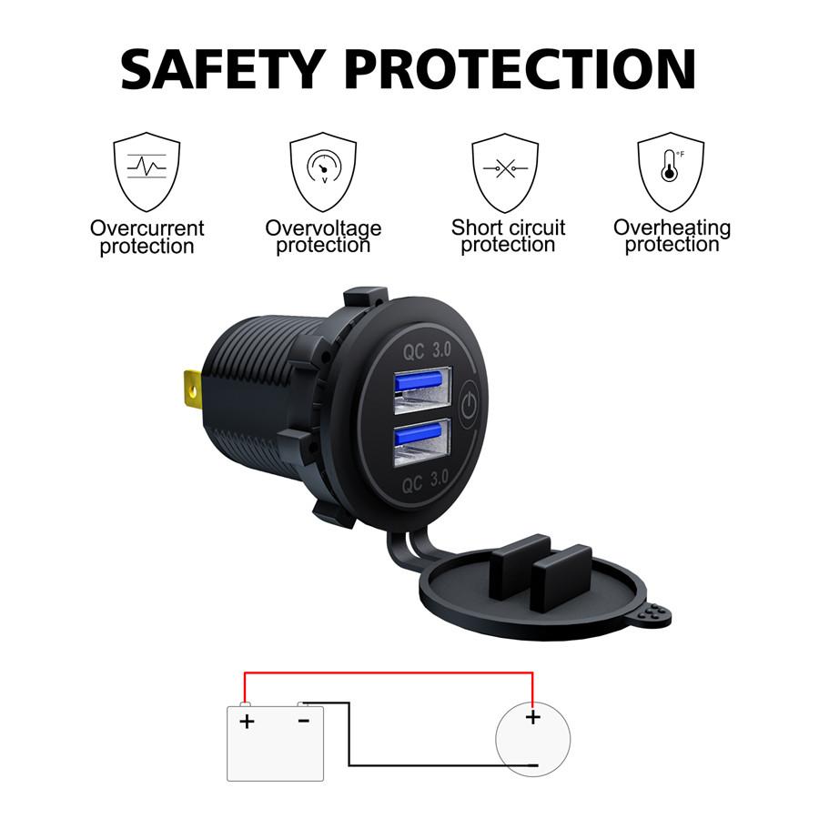 12V-24V Car Cigarette Lighter Socket Dual QC3.0 Charge USB Car Charger with Wire and Terminal for Car Motorcycle Boat Modified