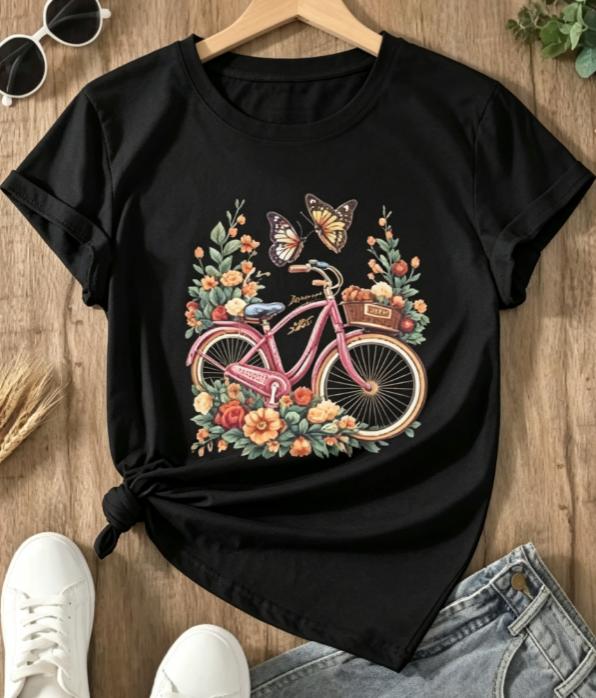 TXWomen's Crew Neck Short‑Sleeve Graphic Tee, Floral And Butterfly Print, Fashion New Arrival, Casual Soft Everyday Top For Spring Summer ****