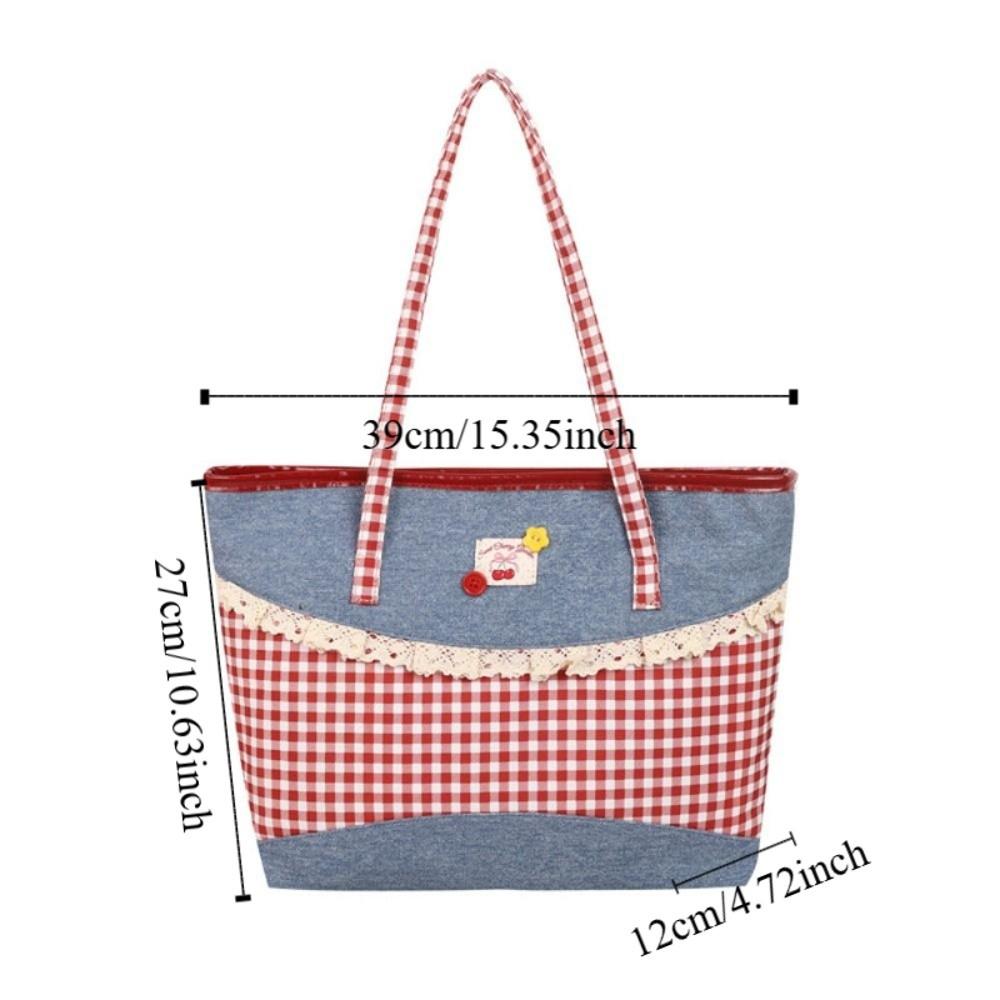Rural Style Lace Bow Shoulder Bag Lattice Commuting Tote Bag Portable Denim Plaid Handbag  Women