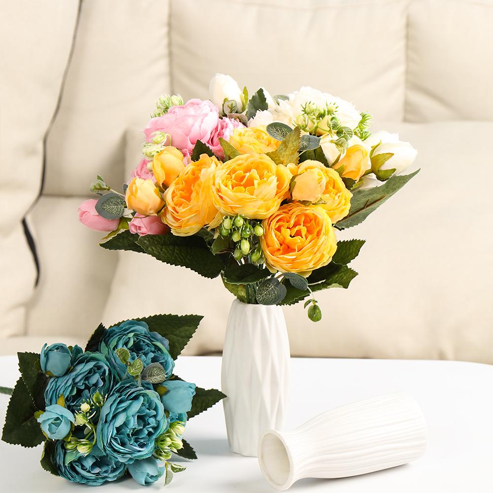 head DIY Decor Home Ornament Vintage Rose bouquet Silk Peony Artificial Flowers Party Decoration