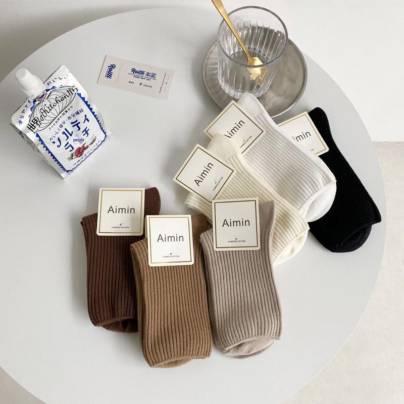 Женские носки до середины икры с двойной иглой и вертикальной полоской - Черно-белые длинные носки JK
