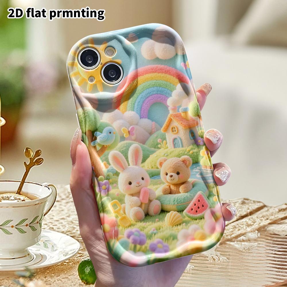 Phone Case: 2D flat, fits iPhone 18 17 16 15 14 13 12Pro, with rabbit and little bear, perfect Christmas and Halloween holiday gift