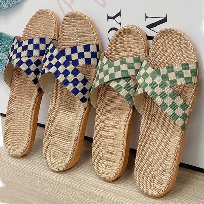 Новые летние женские тапочки из льна в клетку