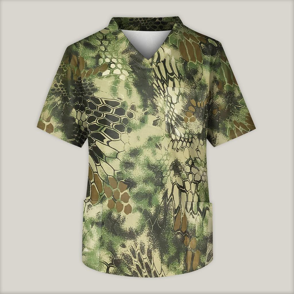 Мужская рабочая блузка с короткими рукавами и v-образным вырезом с принтом, топ с нагрудным карманом