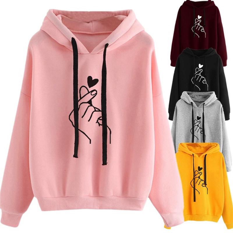 Printed Heart Solid Color Hooded Sweater Long Sleeve Pullover