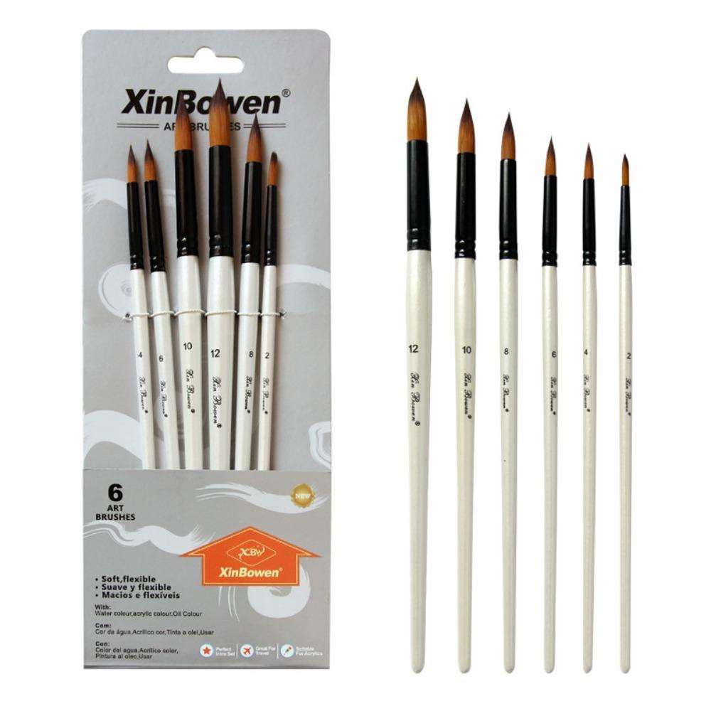 6Pcs/Set Wood Pole Hair Watercolor Brush Pearl White Art Paint Brush Nylon Hair Brush Set Beginners