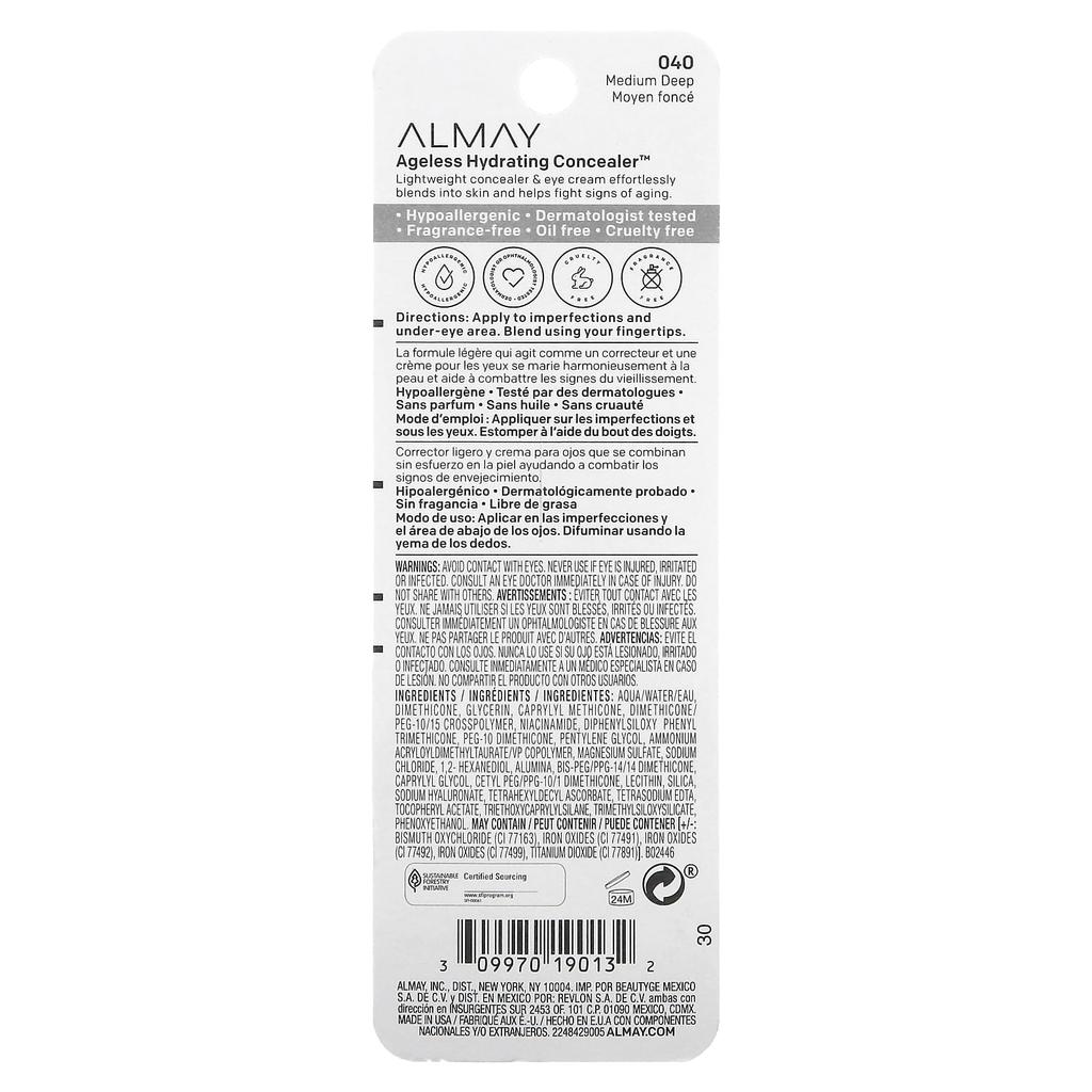 Almay Ageless Hydrating Concealer, 040 Medium Deep, 11 Ml (0.37 Fl Oz)
