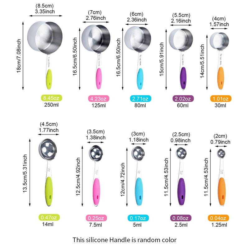 Stainless Steel Measuring Cups and Spoons Set Nesting Metal Measuring Set with Silicone Handles for Dry and Liquid Ingredients