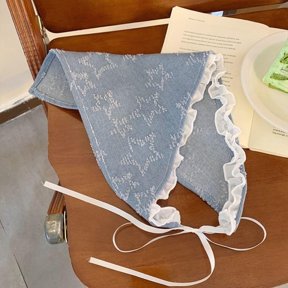 Lace Star Triangle Scarf Denim Hair Band Retro Triangular Turban Scarf  Travel Beach