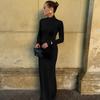 French Fashion Women's Autumn Slim Temperament Solid Color High Neck Long Sleeve Bag Hip Long Dress