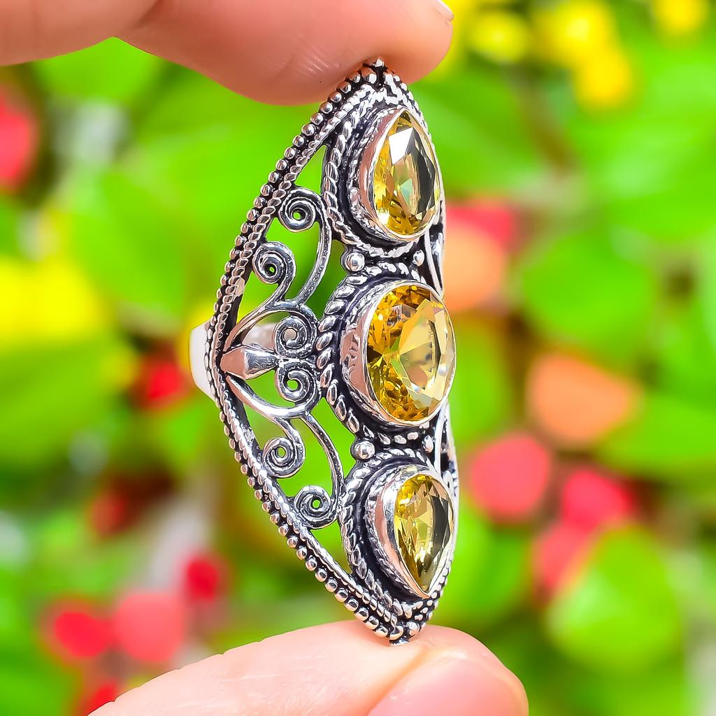 Цитрин Драгоценный камень 925 Стерлинговое серебро Подарок Ювелирное изделие Кольцо Размер 7