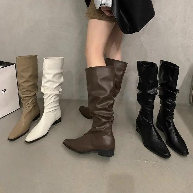 Fashion Stretch Soft Leather Women 2025 High Boots Fashion Pointed Toe Shoes Autumn Winter Thick Heel Ladies Long Booties