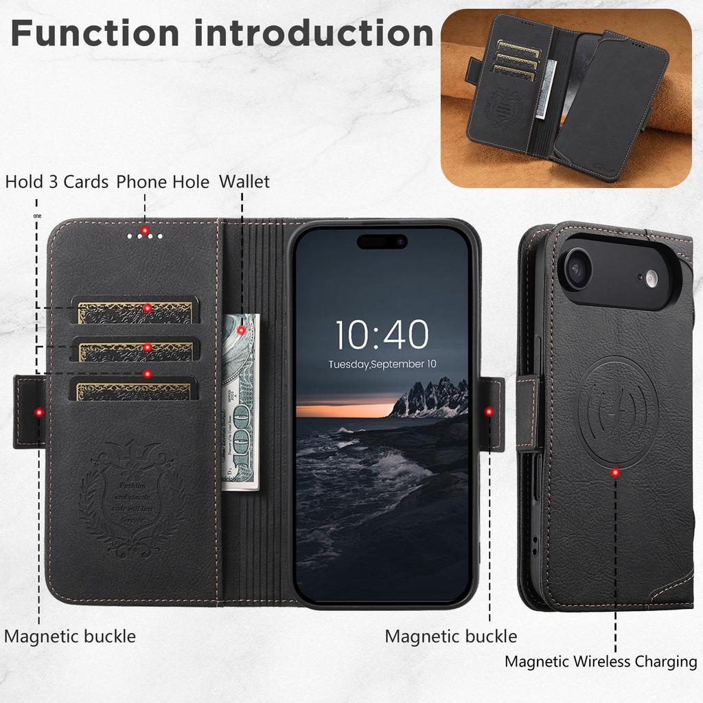 Магнитный кожаный флип-кейс для iPhone 17 Pro/Samsung с поддержкой беспроводной зарядки, слотом для карт и подставкой