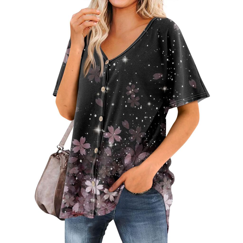 Women's T Shirt Tee Printed Women's Shirts V Neck Short Sleeve Button Up Tunic Tops Blouse