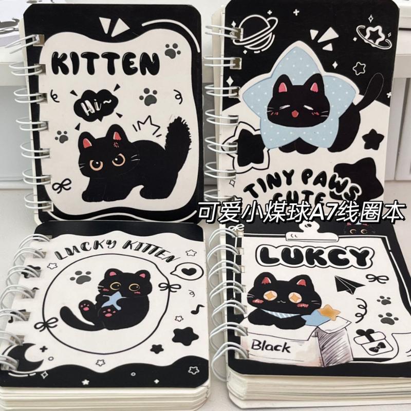 Kawai Black Kitten A7 Coil Notebook Student Portable Notepad Cartoon Cute Creative Simple Horizontal Line Office School Supplies