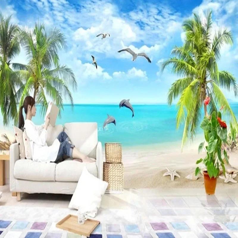 Обои 3D Кокосовая пальма Пляж Морской пейзаж Фотообои Гостиная Телевизор Диван Спальня Фон Настенная роспись
