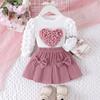 2PCS Winter Heart Style For 0-3 Year Old Girls, Comfortable Sweet And Cute Bubble Sleeves, Love Chapter Top + Pink Short Skirt Set