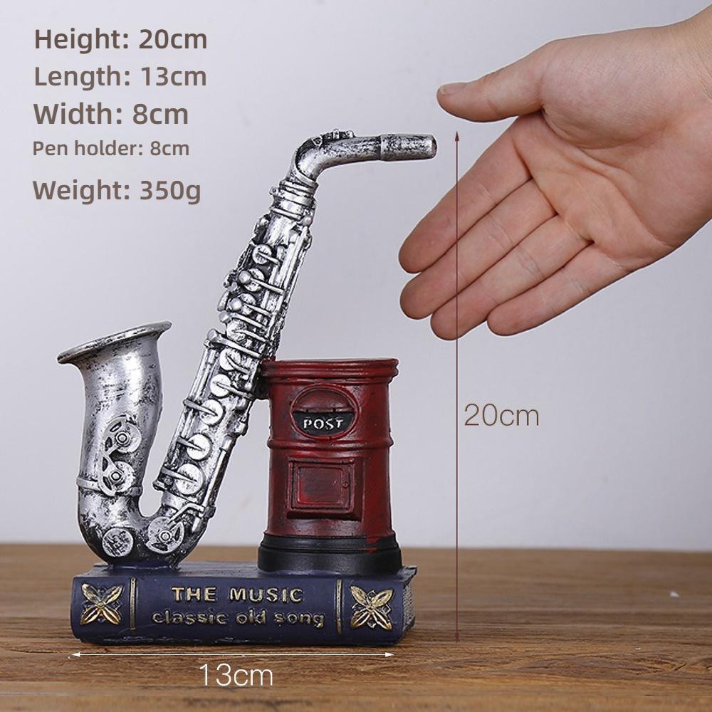 Vintage Saxophone and Violin Pen Holder, Retro Music Theme Resin Craft for Desk Decor, Unique Office Organizer Gift