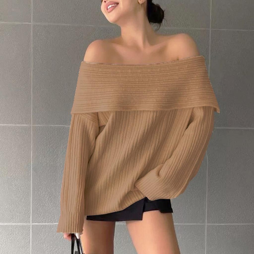 Женский свитер с открытыми плечами и воротником-стойкой, однотонный свободный топ