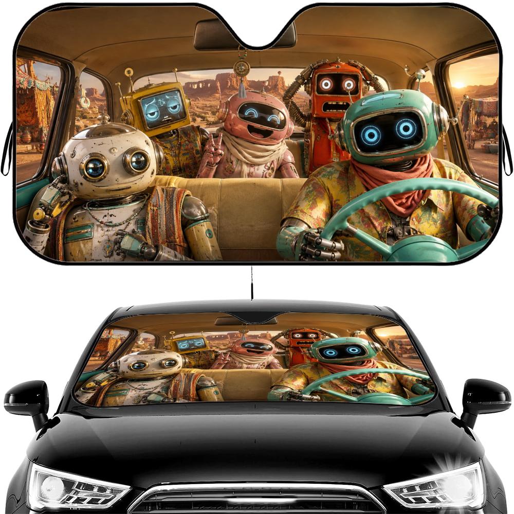 Funny Robot Driving Sun Visor Car Windshield Sun Shade UV Protection Heat Insulation Cover Universal Sun Protector