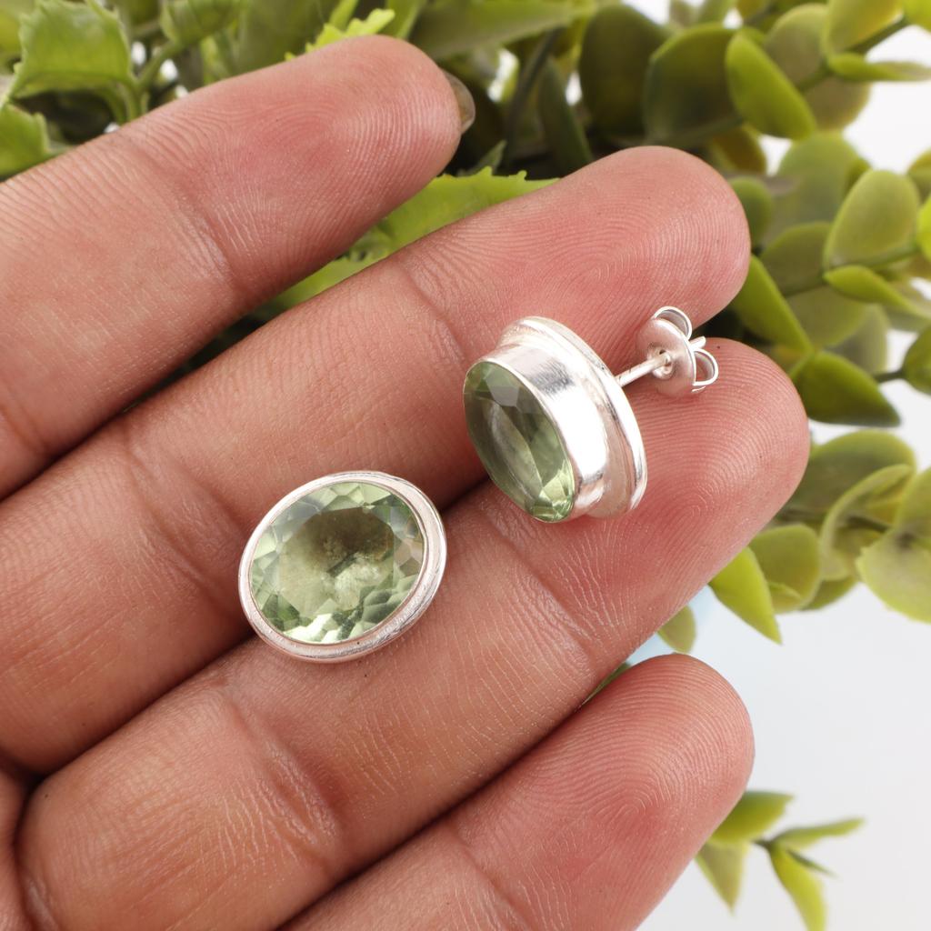Green Amethyst Gemstone Earrings, 925 Solid Sterling Silver Earrings, Handmade Everyday Jewelry, Gift For Mother