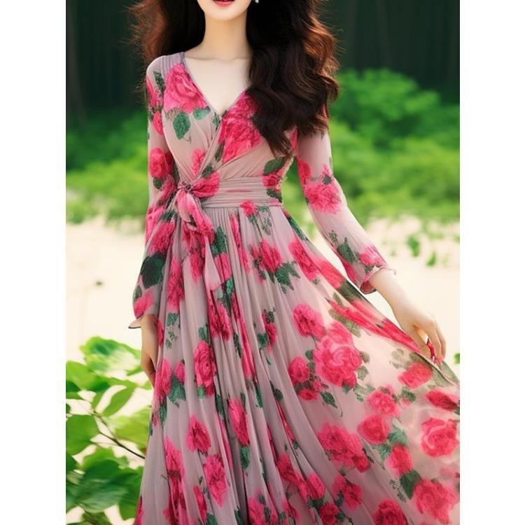 Шикарное французское платье для отпуска с цветочным принтом и V-образным вырезом, розовая завязка на талии, пляжный наряд для женщин, летняя мода