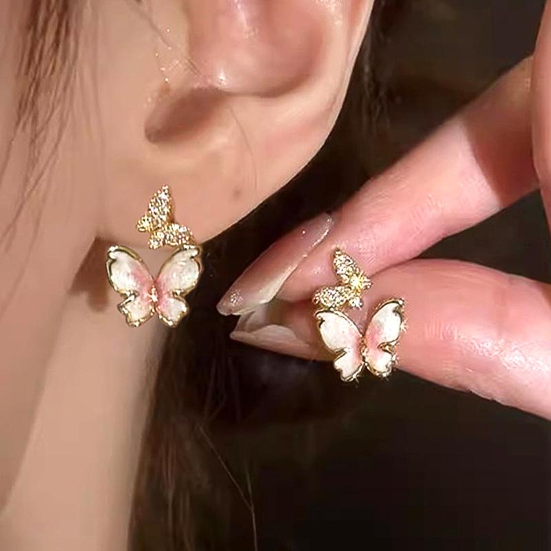 Серьги двойная бабочка, женские серьги с розовой эмалью и хрустальным крылом, изысканный женский ювелирный подарок