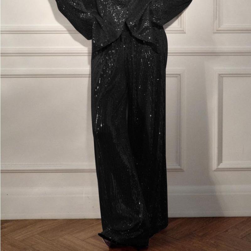 Элегантный пиджак с пайетками и брюками, комплект из 2 предметов, женское блестящее пальто с длинным рукавом и лацканами на одной пуговице, широкие брюки, новый подходящий костюм
