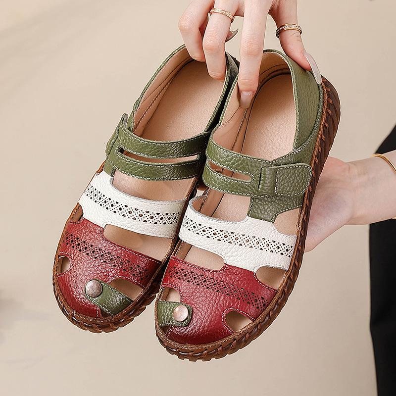 Новые сандалии из натуральной кожи с перфорацией, женские летние туфли на липучке, женские удобные сандалии на мягкой подошве, женские балетки, нескользящая обувь для мам