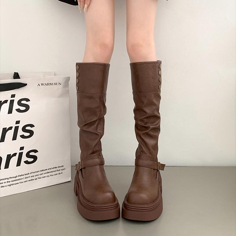 Мода Винтаж Коричневый Женщины Вестерн Ковбойские сапоги Мода Slip On Рыцарь Длинные Ботильоны Дамы Платформа Толстый Каблук Botas Mujer