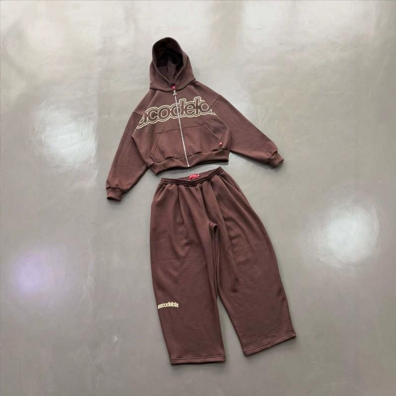 Brown Outline Letter Print Hooded Cropped Cardigan Wide Leg Sweatpants Set Unisex Streetwear Casual Outfit