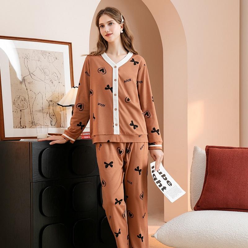 Fenteng [100% Cotton] Autumn V-neck Solid Color Button Love Butterfly Knot Printed Women's Pajama Long Sleeve Set