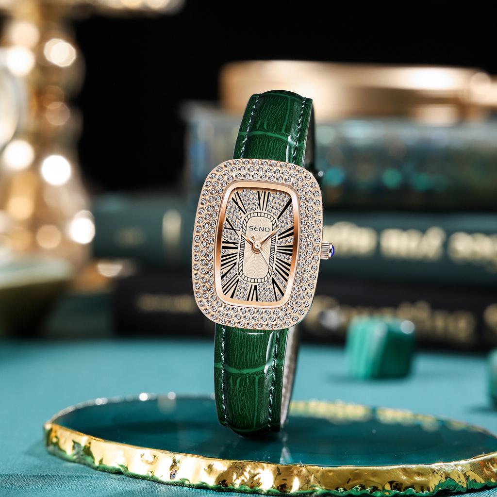 Women's Fashion Square Dial Stainless Steel Pointer Quartz Watch with Green Strap