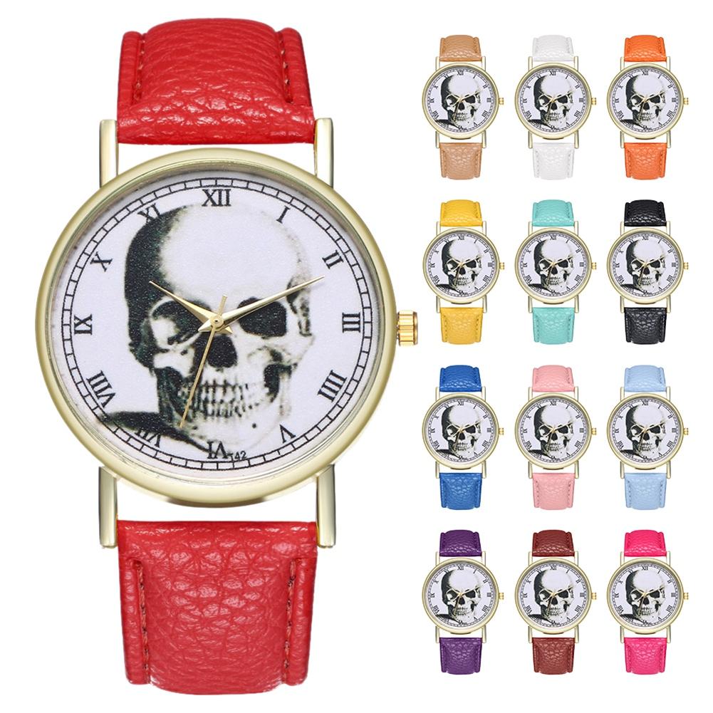 Модные женские мужские часы с черепом и цифрами, ремешок из искусственной кожи, повседневные кварцевые часы