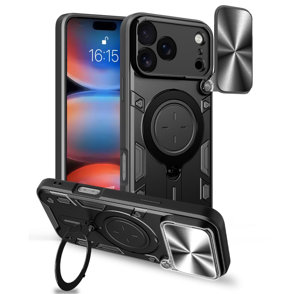 Чехол для iPhone 17 Pro Max из ТПУ + ПК с подставкой, сдвижное окно для камеры