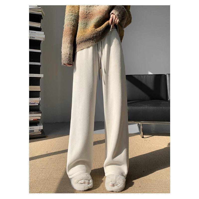 Fashion Women Drawstring Loose Casual Wide Leg Pants Autumn Fleece High Waist Winter Velvet Trousers for Women Elegant Solid Straight Lady Pants 2357