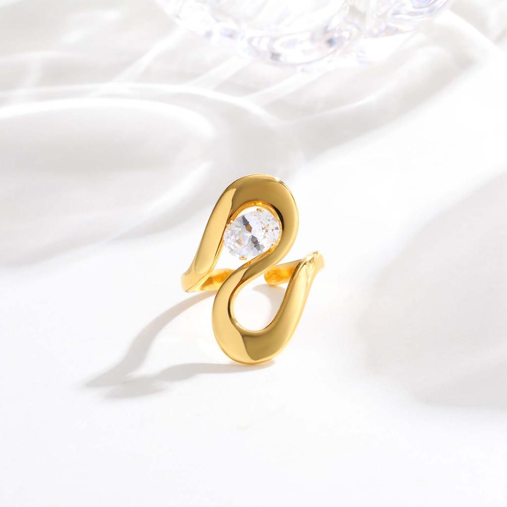 Cubic Zircon Irregular Hollow Opening Ring for Women, Geometric Twist Lines Stainless Steel Ring, Fashion Waterproof Jewelry