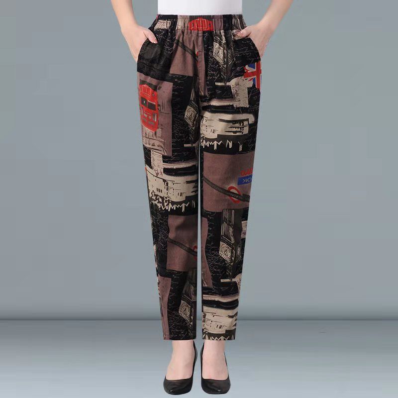 Свободные женские брюки с цветочным принтом и высокой талией, летние повседневные брюки Haren для людей среднего и пожилого возраста, женские брюки