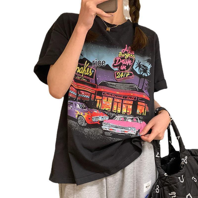 Женская футболка с коротким рукавом свободного кроя в стиле ретро с принтом в корейском стиле - Большой размер, Ранняя весна 2023