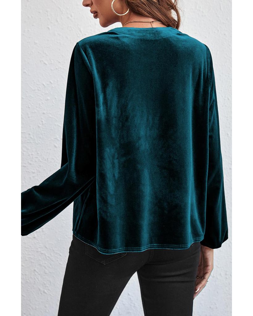 Azura Exchange Skobeloff Lantern Sleeve Beaded Split V Neck Velvet Top