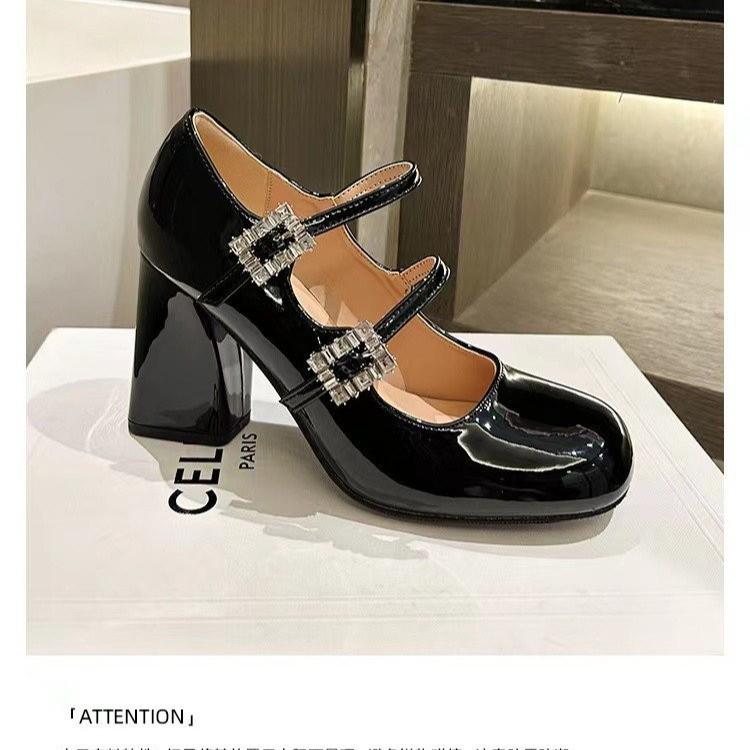 Мэри Джейн Туфли на толстом каблуке Женские туфли на высоком каблуке с квадратным носком Темпераментная линия со стразами Лакированная кожа Профессиональная обувь 8 см