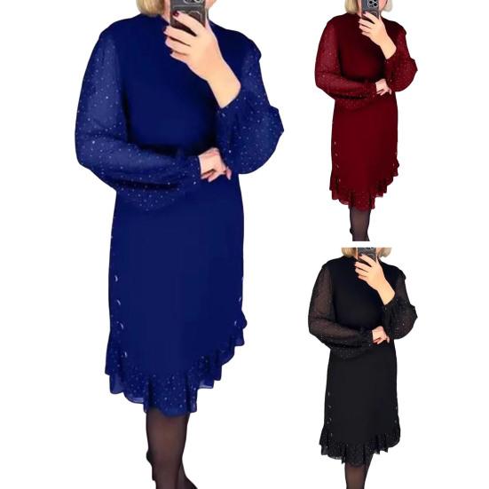 Women Midi Dress Long Mesh Balloon Sleeve with Dot Printing Ruffle Hem