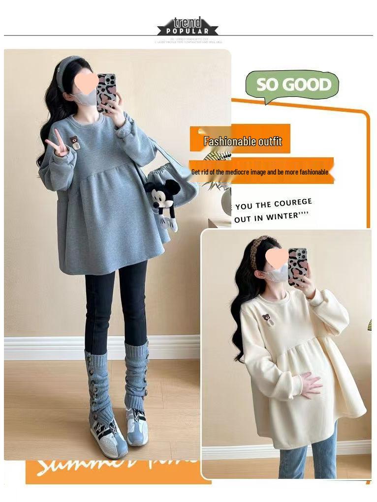 2025 Корейский стиль Свободный с круглым вырезом Флисовый свитшот для беременных на осень/зиму